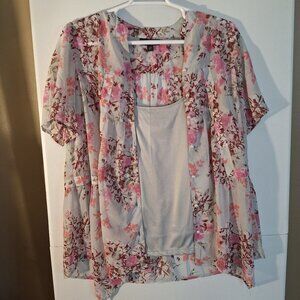 Romans 2 piece floweral print top 18w pink and gray
